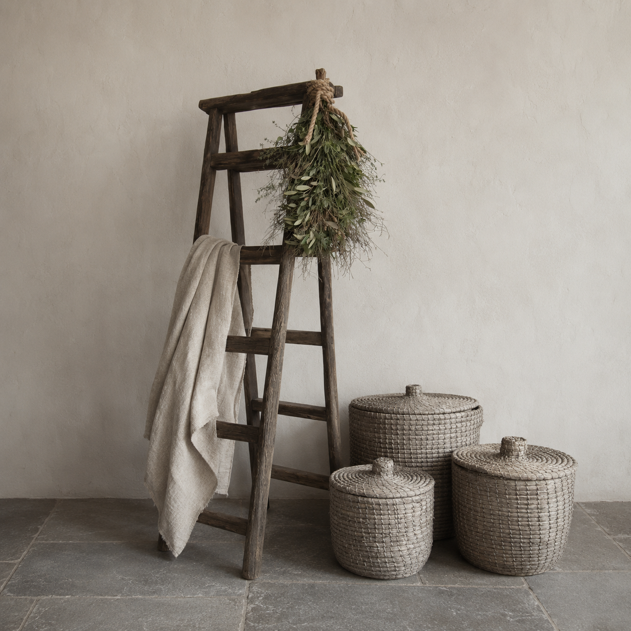 Decoratie - oud houten ladder en mande
