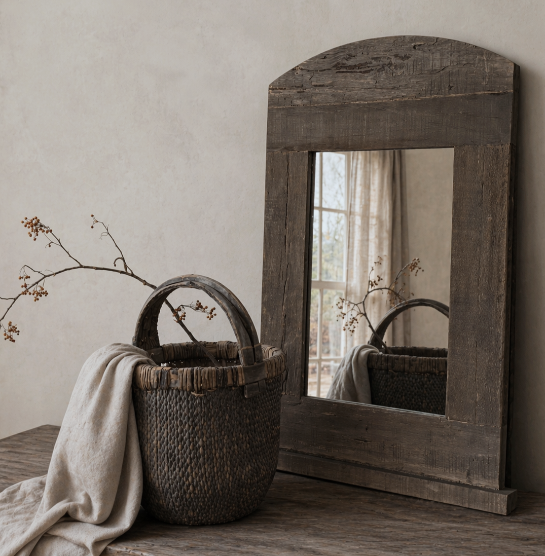 spiegel in driftwood en oud plukmandje