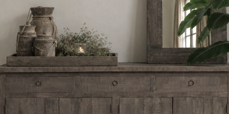 Driftwood dressoir en oude Nepalese houten potten