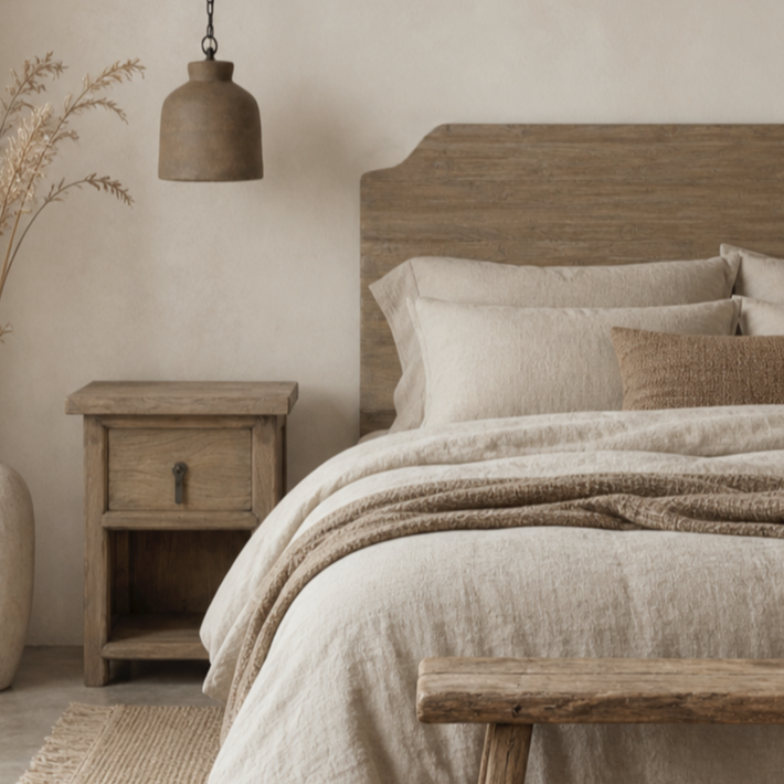 Rustic Teak - hoofbord bed en nachtkastje en hanglamp Misha