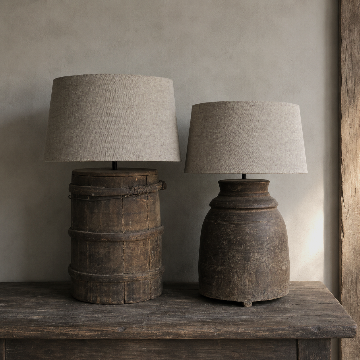 Original - lamp van oude houten potten met linnen kap