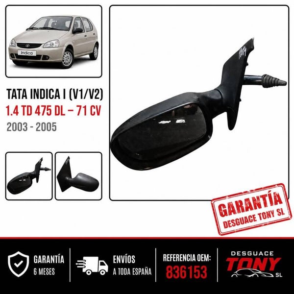 Retrovisor esquerdo manual original Tata Indica I (V1/V2) 1.4 TD 71CV motor 475 DL. Referência OEM 836153.