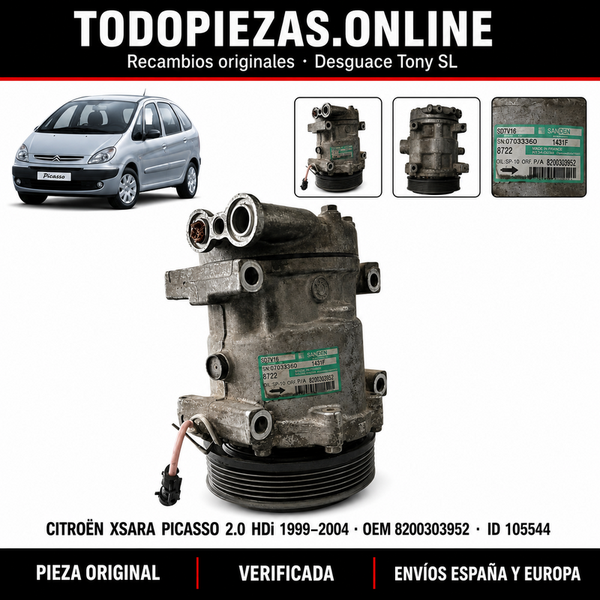 Compresor de aire acondicionado Citroën Xsara Picasso 2.0 HDi 1999-2004 OEM: 8200303952
