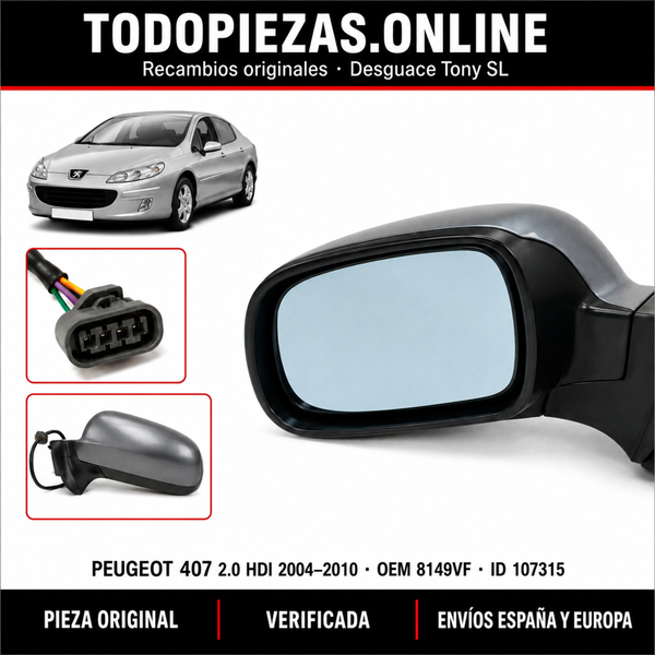 Retrovisor eléctrico izquierdo Peugeot 407 2.0 HDi 2004-2010 OEM: 8149VF