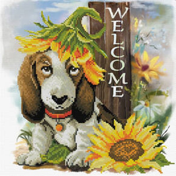 VOORBEDRUKT BORDUURPAKKET SUNFLOWER HOUND - NEEDLEART WORLD