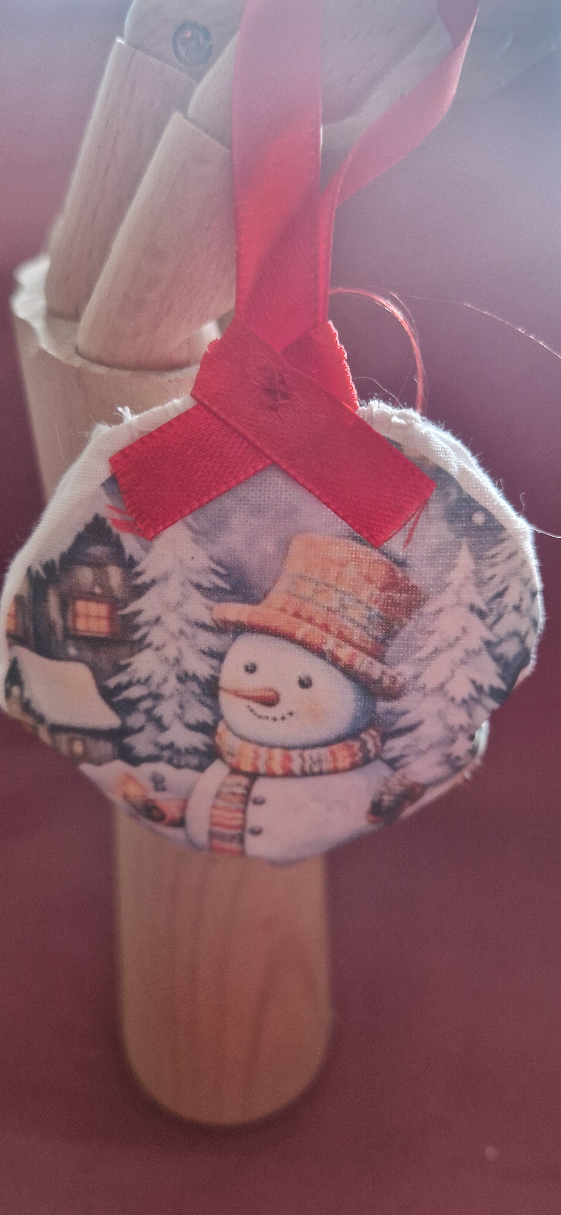 Boule de Noël en tissu coton motif bonhomme de neige avec paysage