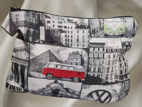 Pochette tissu gris imprimé fourgon