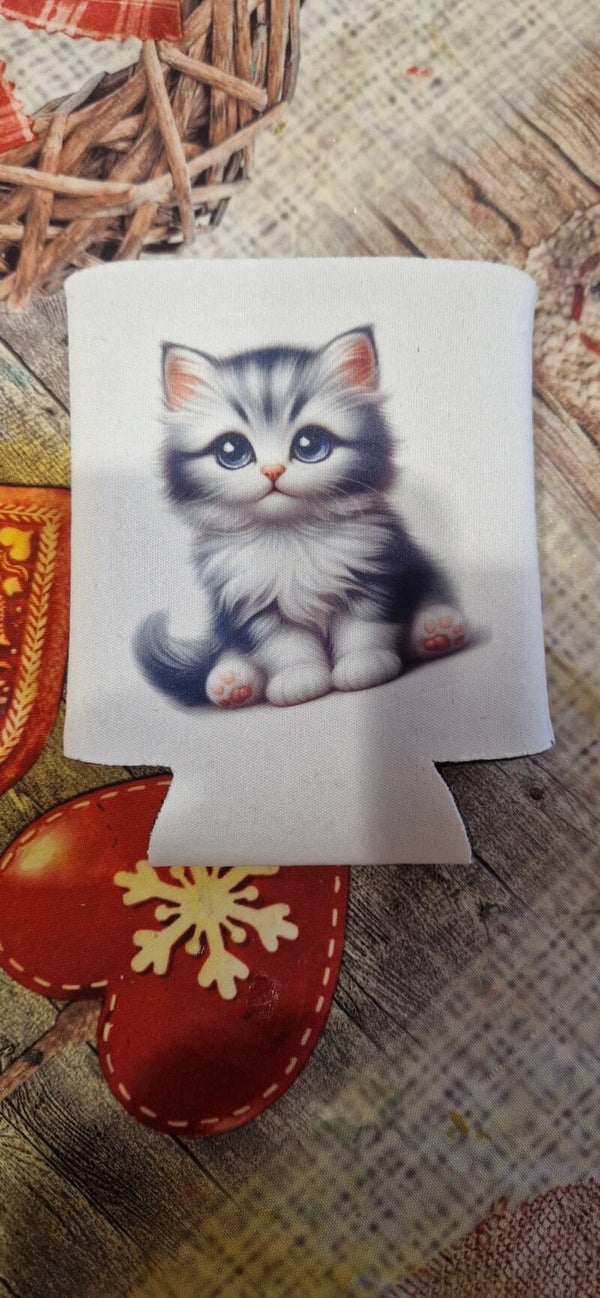 Pochette pour canette/bouteille d'eau motif chat gris et blanc modèle 1