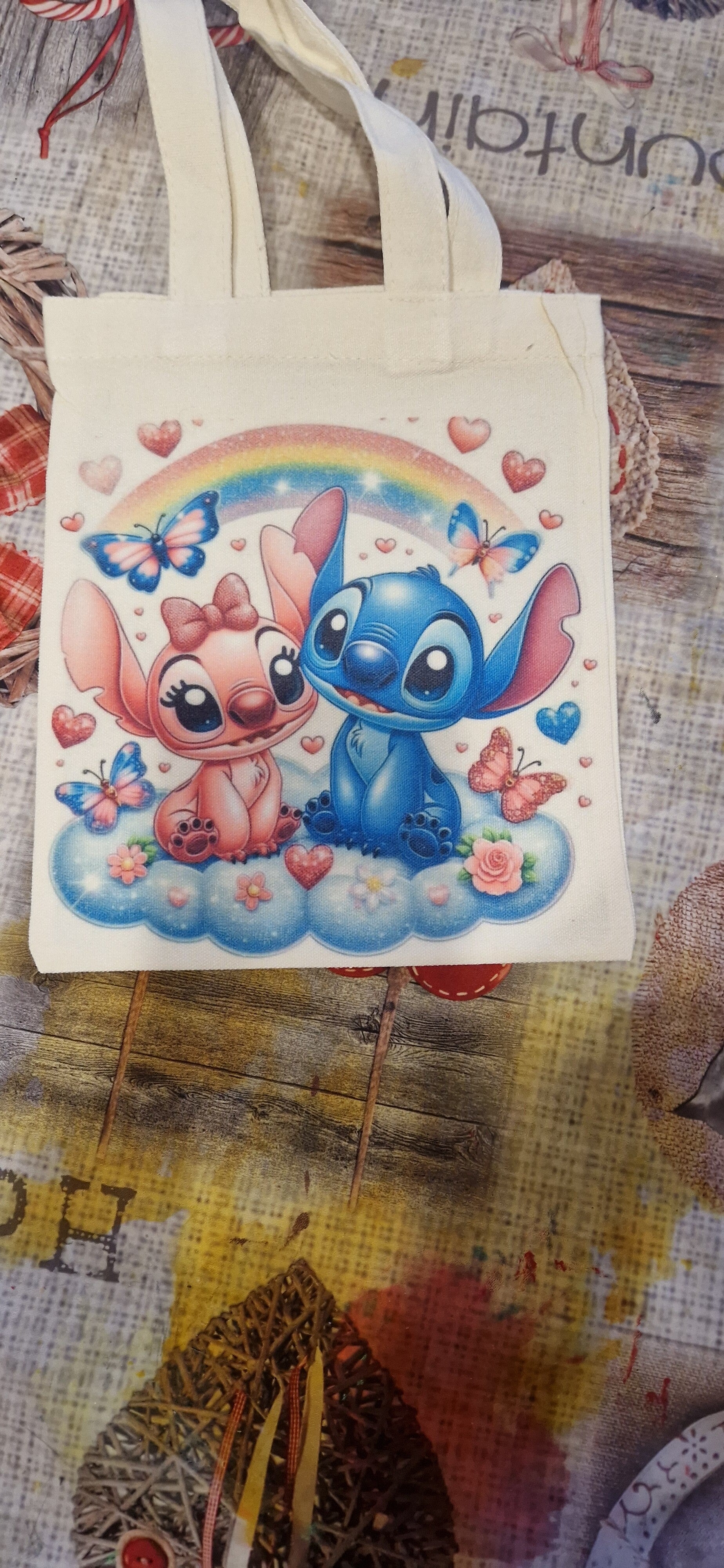 Sac tissu coton crème imprimé motif stich et angel nuage