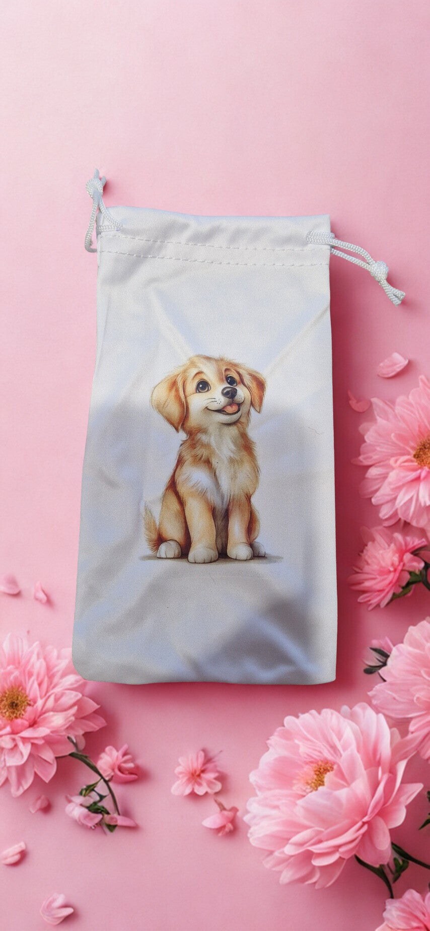 Étui/pochette  microfibré pour lunette, stylo, bijoux motif chien beige