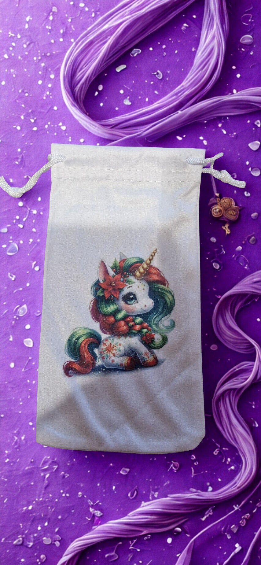 Étui/pochette  microfibré pour lunette, stylo, bijoux motif  licorne rouge et verte