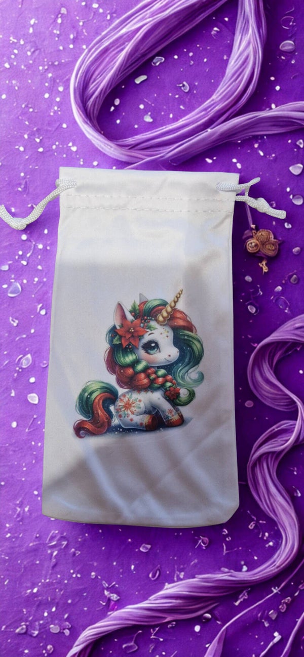 Étui/pochette  microfibré pour lunette, stylo, bijoux motif  licorne rouge et verte