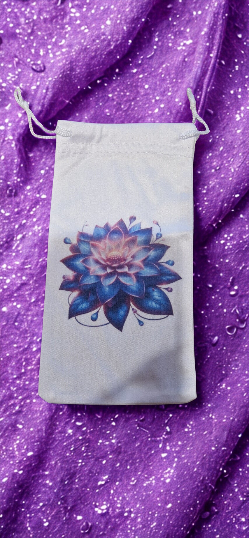 Étui/pochette  microfibré pour lunette, stylo, bijoux motif fleur de lotus bleu et rose