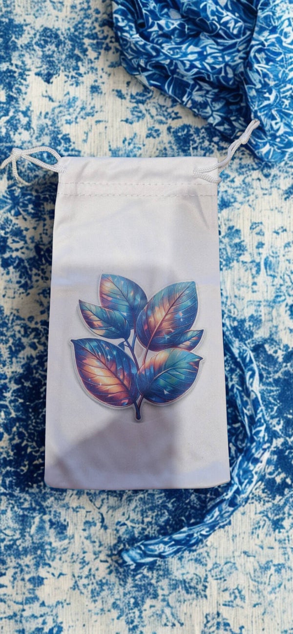 Étui/pochette  microfibré pour lunette, stylo, bijoux motif feuilles bleue métallisé