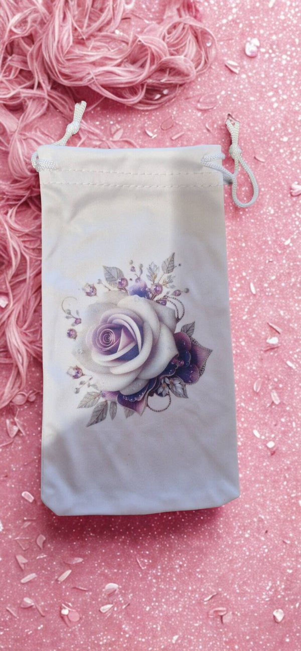Étui/pochette  microfibré pour lunette, stylo, bijoux motif  rose blanche et violette