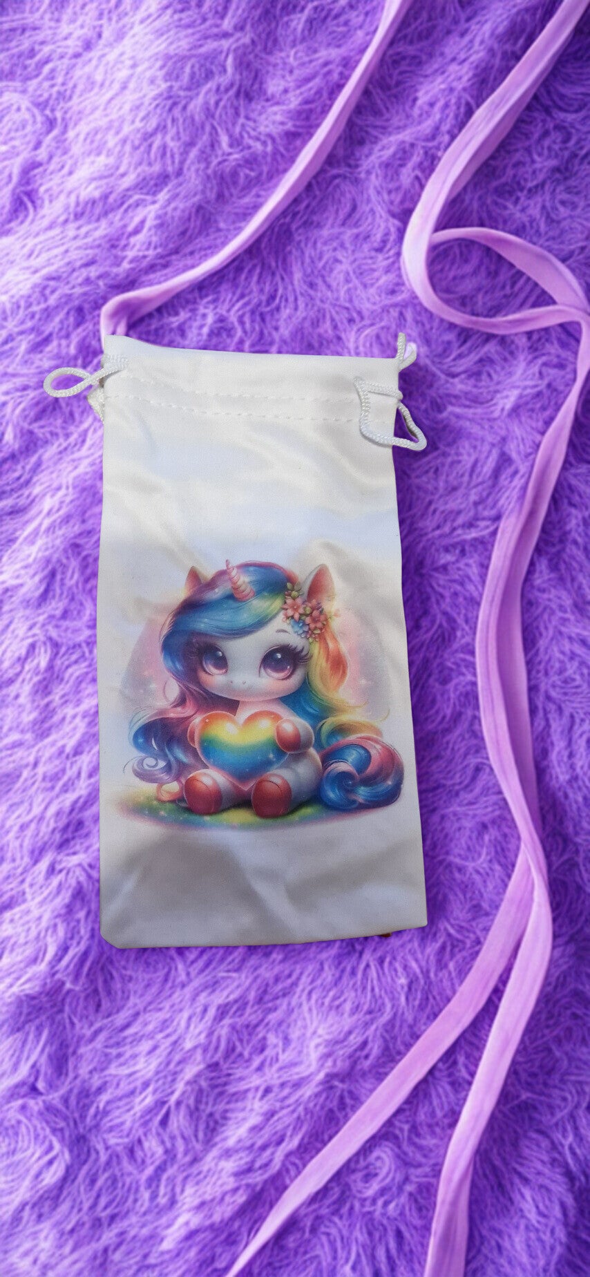 Étui/pochette  microfibré pour lunette, stylo, bijoux motif  licorne cœur arc en ciel