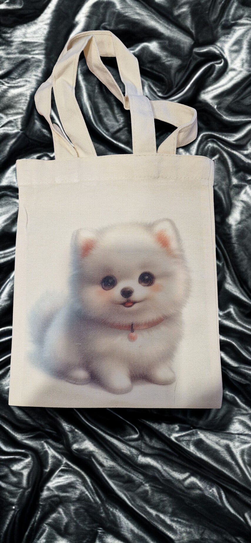 Sac tissu coton crème motif chien blanc