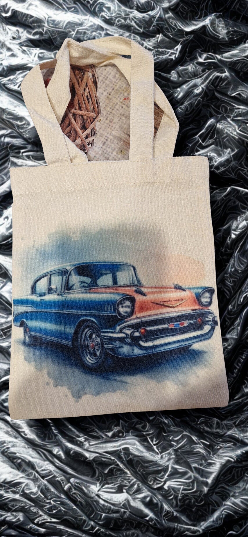 Sac tissu coton crème imprimé motif voiture ancienne modèle 1