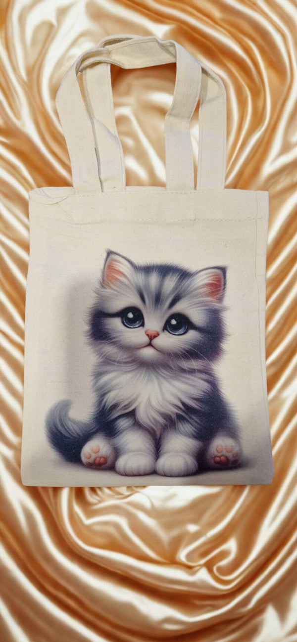 Sac tissu coton crème imprimé motif chat gris et blanc modèle 1