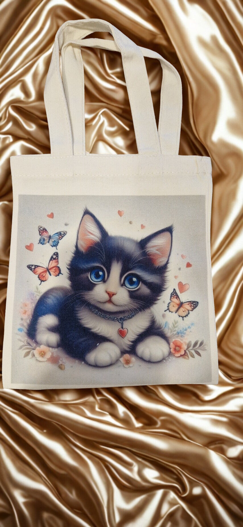 Sac tissu coton crème imprimé motif chat noir et blanc modèle 2