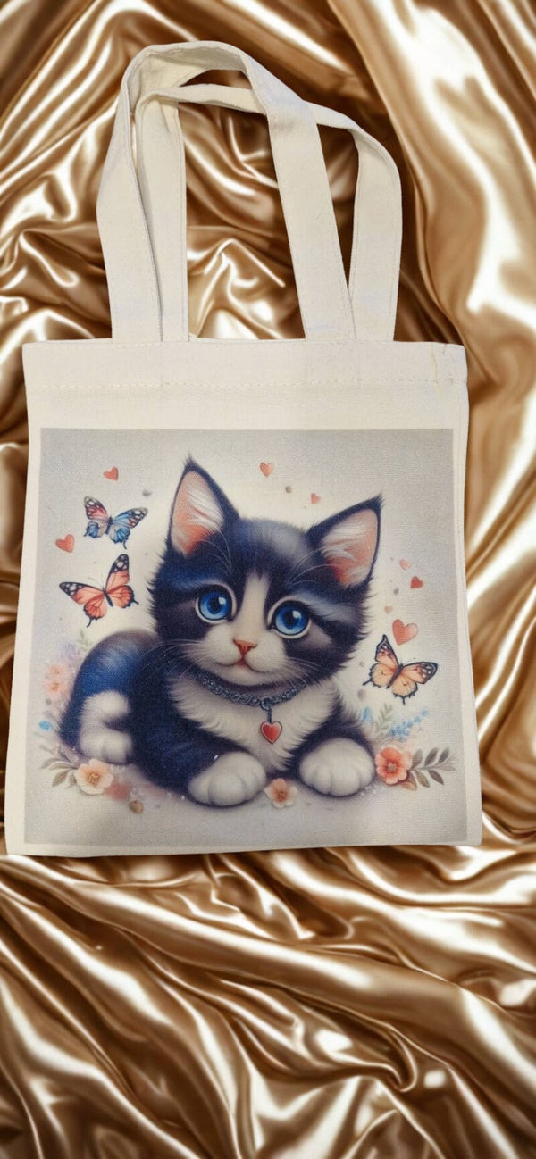 Sac tissu coton crème imprimé motif chat noir et blanc modèle 2