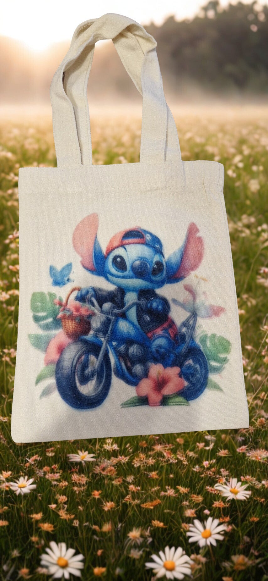 Sac tissu coton crème imprimé motif stich moto