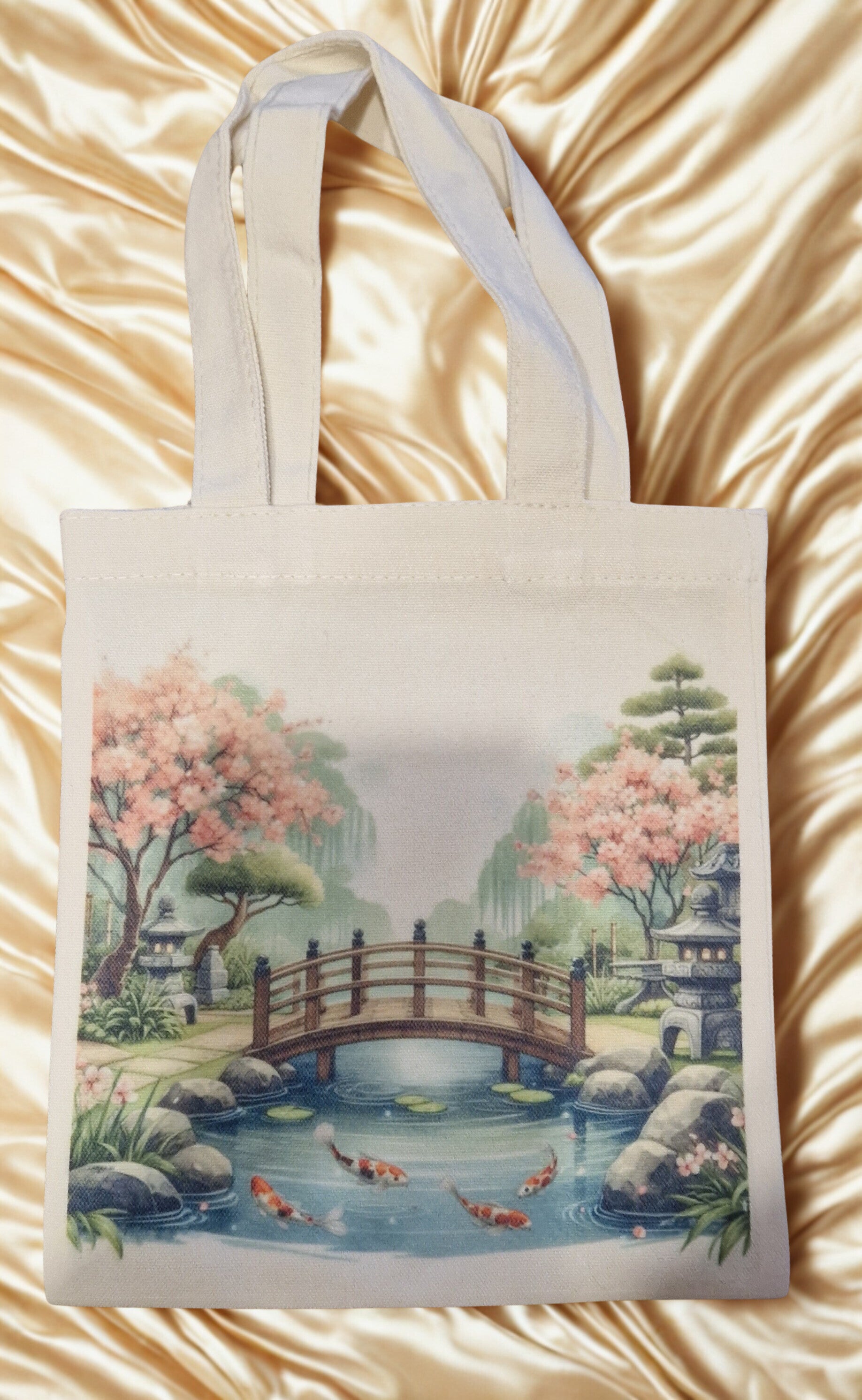 Sac tissu coton crème imprimé motif paysage avec pont