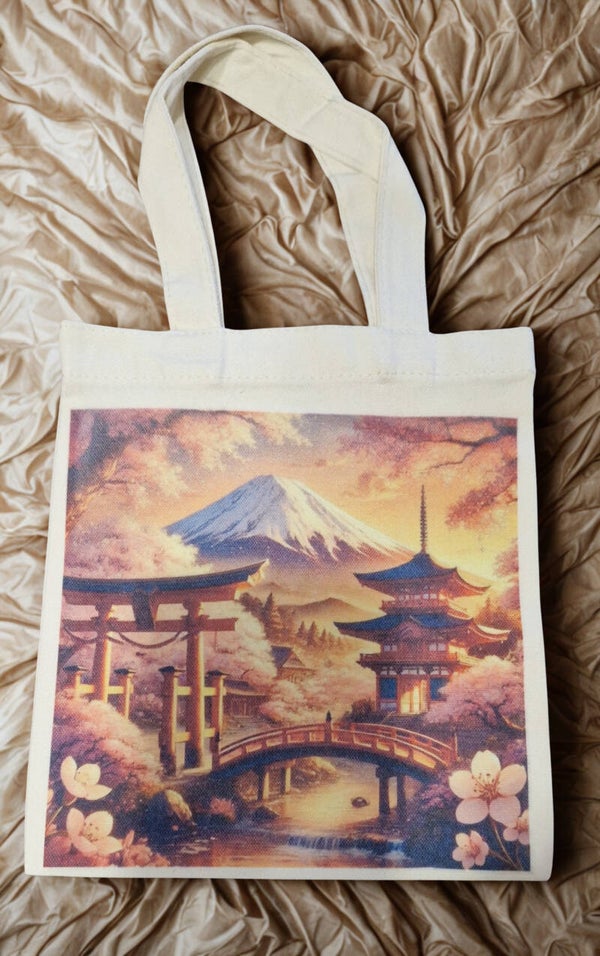 Sac tissu coton crème imprimé motif paysage avec pont couché soleil