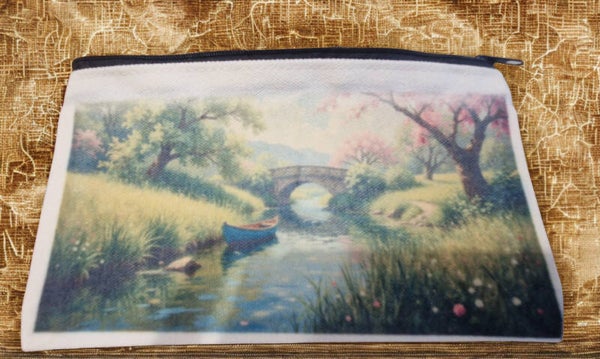 Pochette/ trousse tissu coton motif paysage avec pont
