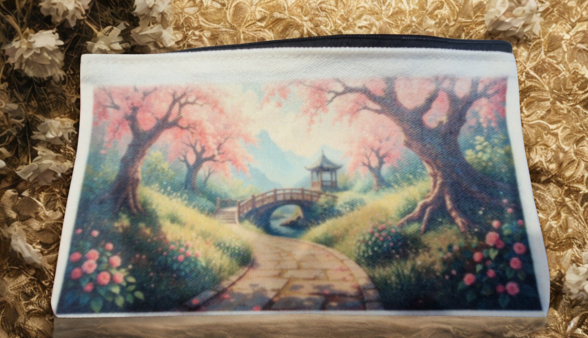 Pochette/ trousse tissu coton motif paysage avec pont couché soleil