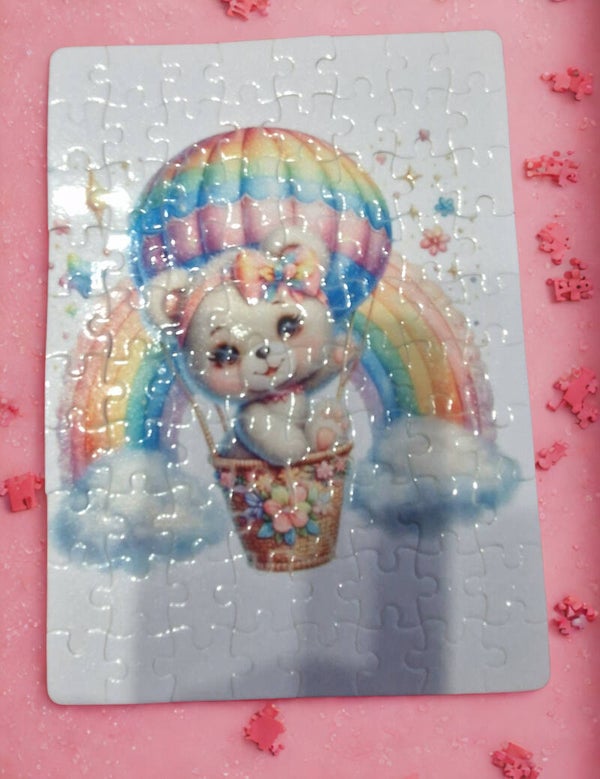 Puzzle en bois cartonné pièces détachées imprimé montgolfière et chat