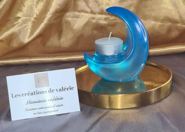 Bougeoir en résine lune, couleur bleu clair brillante