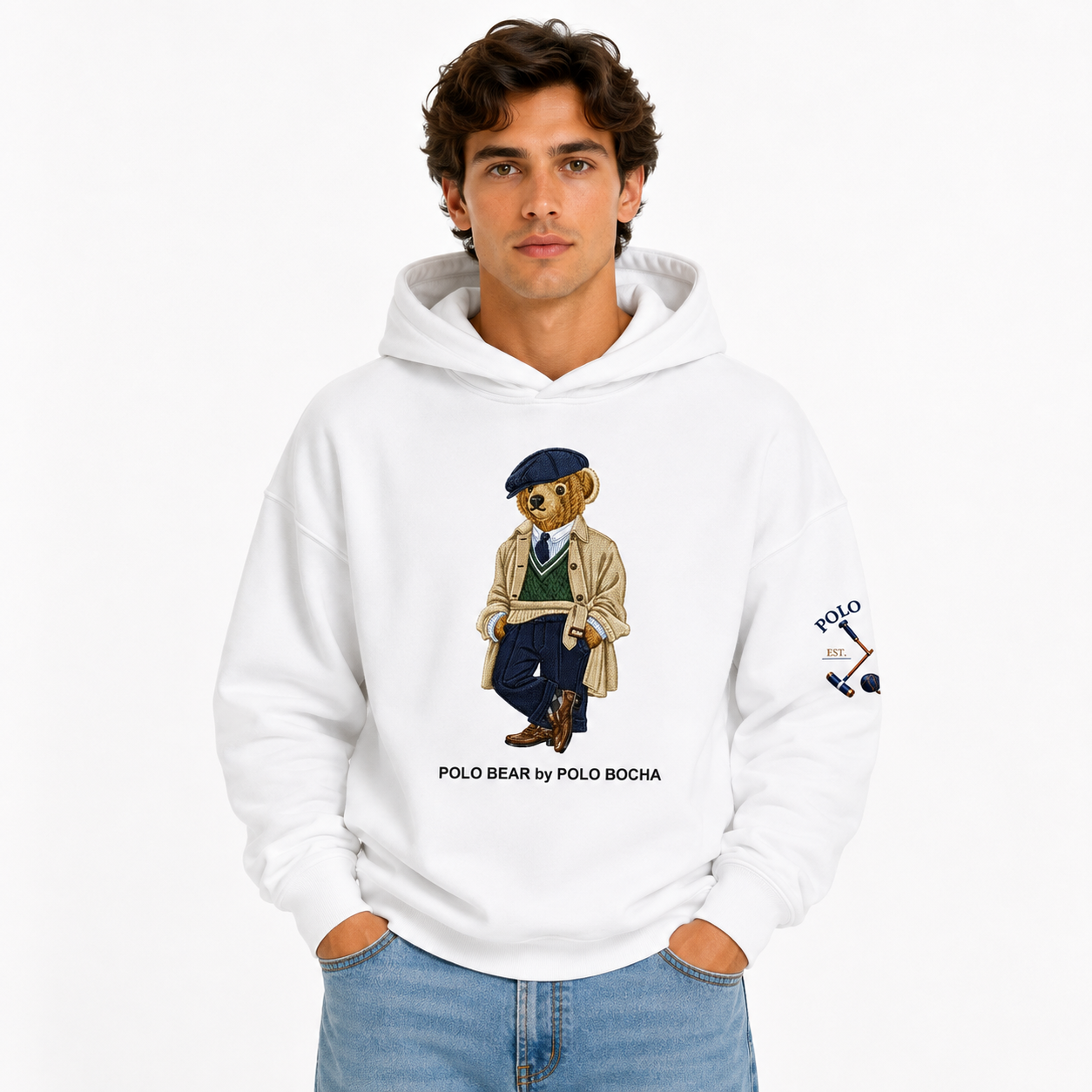 SUDADERA OVERSIZE UNISEX WHITE TRENCH COAT BEAR