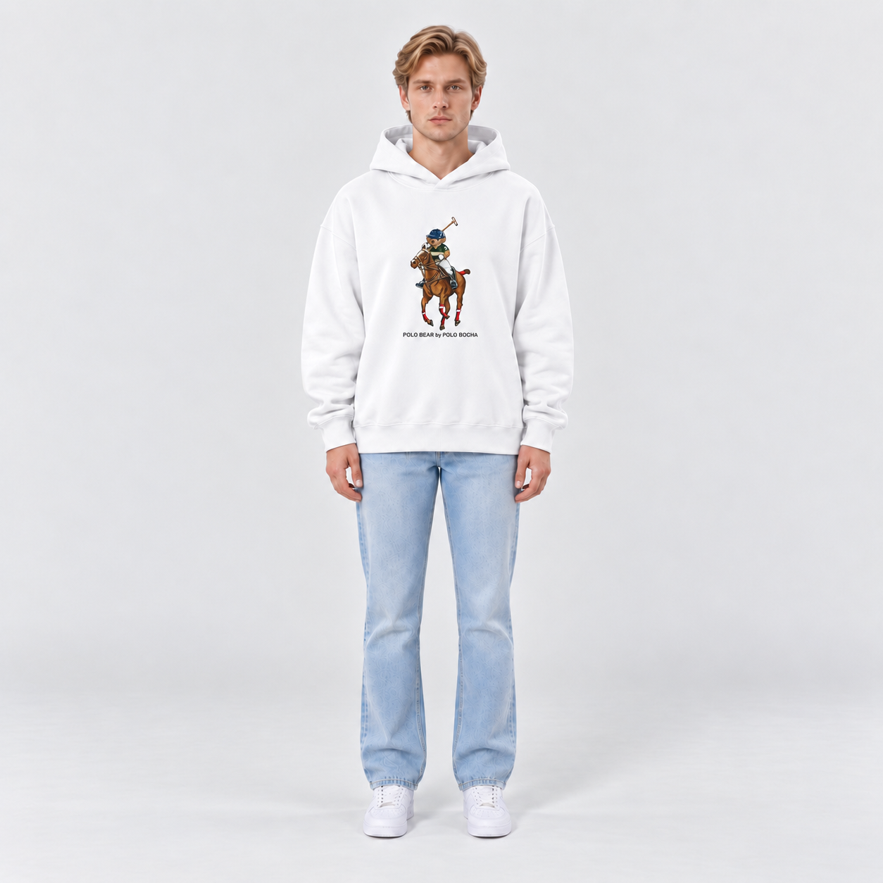 SUDADERA OVERSIZE UNISEX WHITE BEAR ON HORSE