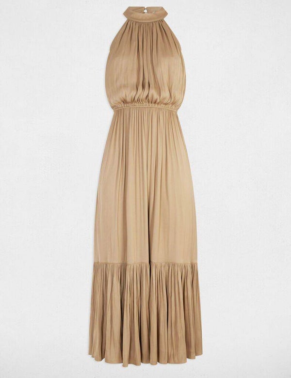 Robe longue évasée fluide beige femme