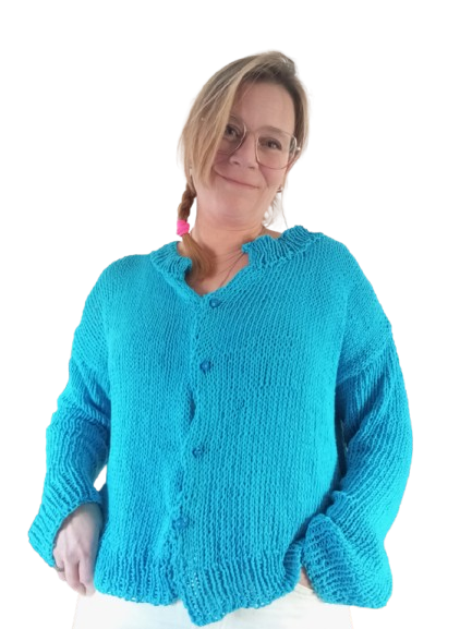 Handgebreide cardigan “Zoë” – maat L | 100% biologisch katoen | Uniek & duurzaam