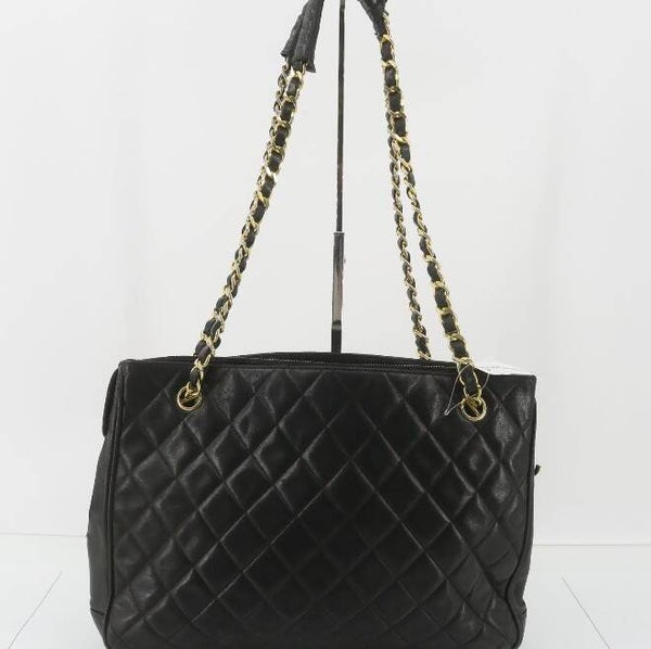 Chanel Vintage Black Quilted Lambskin Shoulder Tote Bag Authentic Classic
