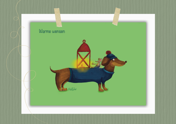 Hond met lantaarn en tekst