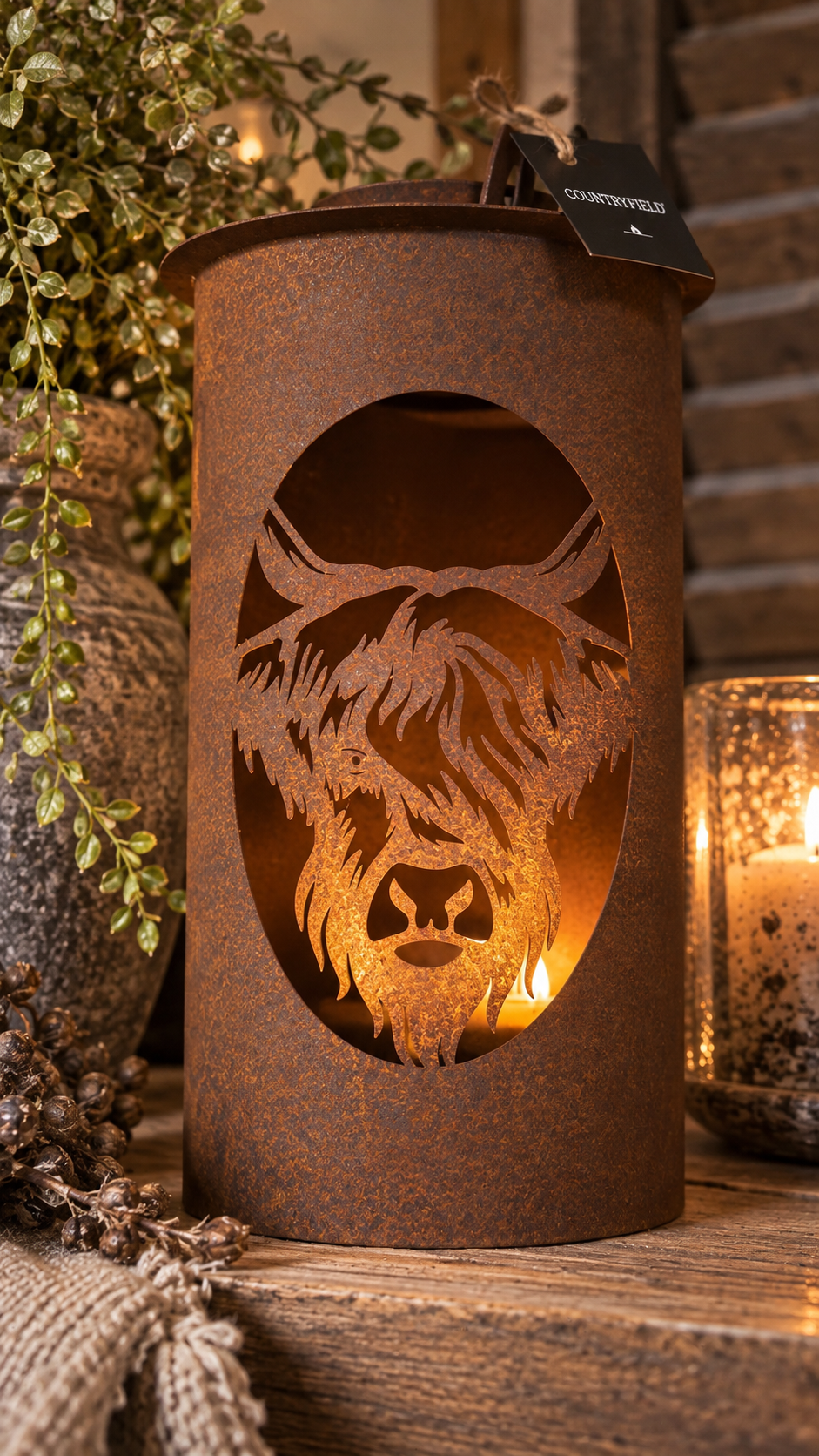 Stoere roestkleurige windlicht met Schotse Hooglander – 28 cm
