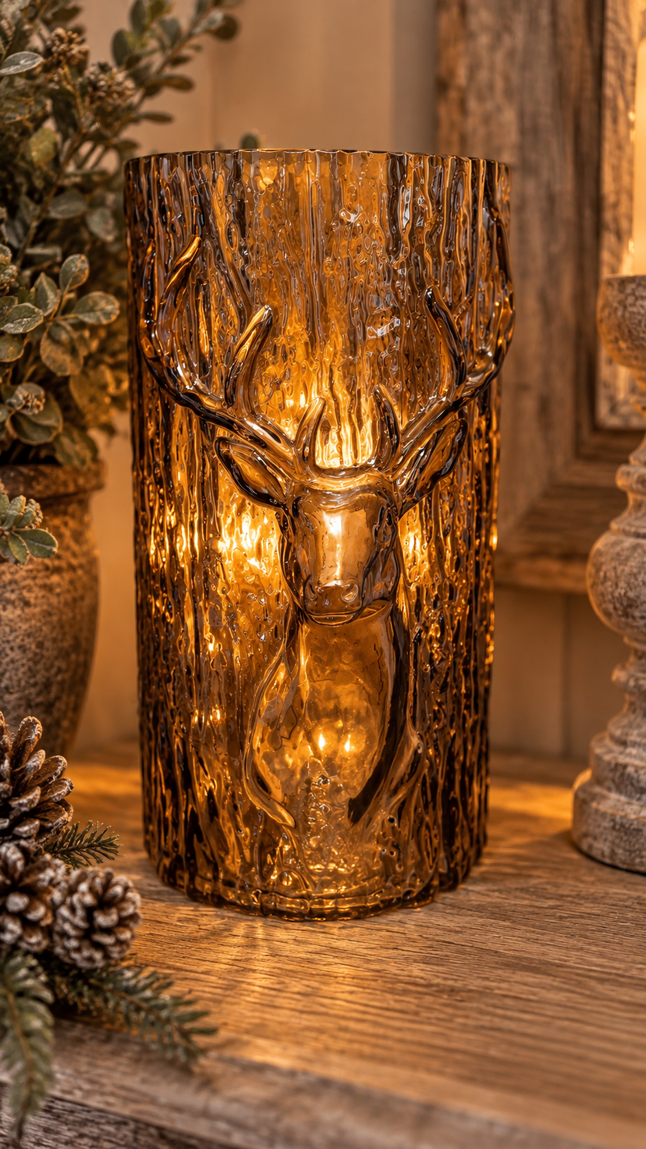 🦌 Prachtig glazen windlicht met hert – 26 cm hoog