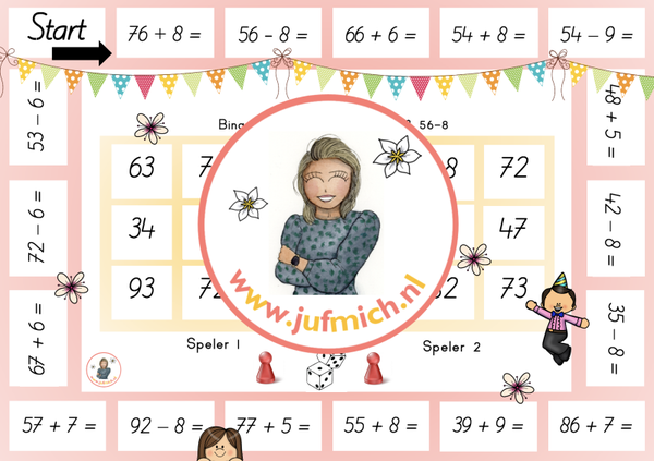 rekenmuur laag 2 - Bingo 2-tallen 76+8 & 56-8