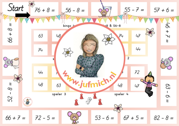 rekenmuur laag 2 - Bingo 4-tallen 76+8 & 56-8