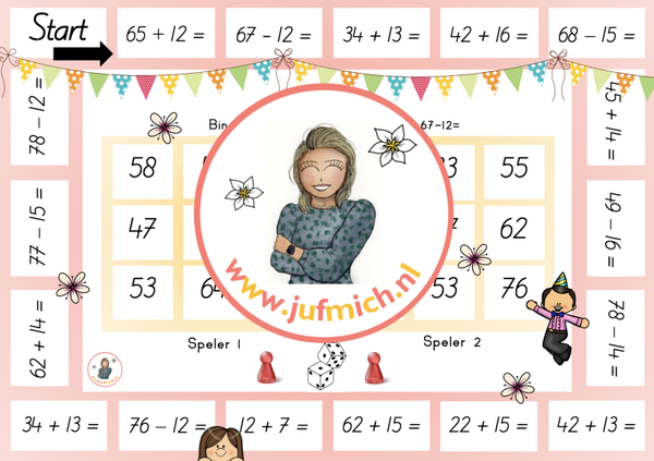 rekenmuur laag 2 - Bingo 2-tallen 65+12 & 67-12