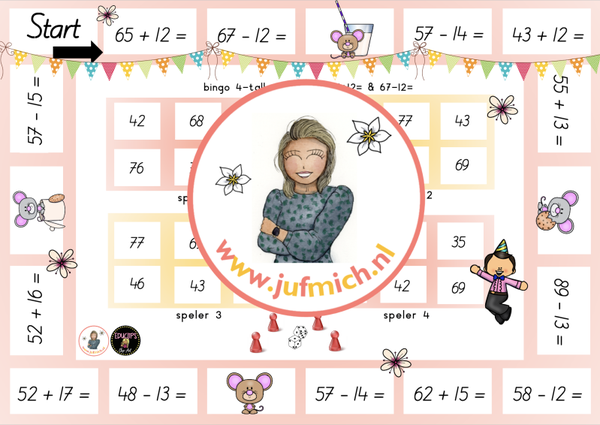 rekenmuur laag 2 - Bingo 4-tallen 65+12 & 67-12