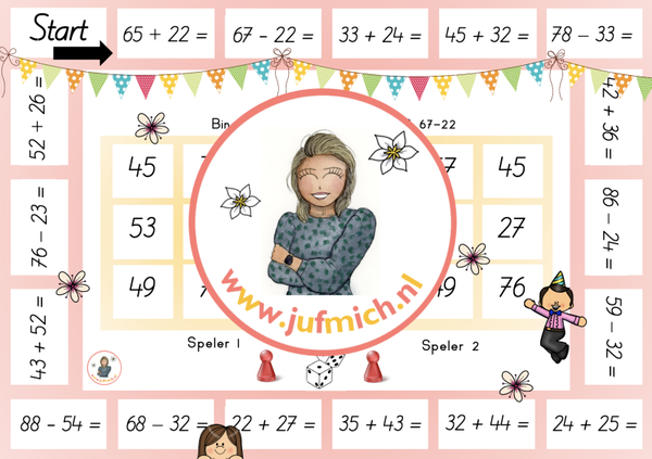 rekenmuur laag 2 - Bingo 2-tallen 65+22 & 67-22
