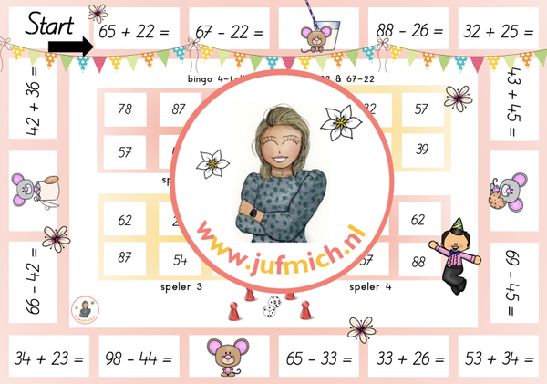 rekenmuur laag 2 - Bingo 4-tallen 65+22 & 67-22