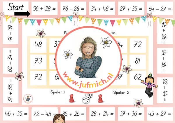rekenmuur laag 3 - Bingo 2-tallen 56+28 & 76-28