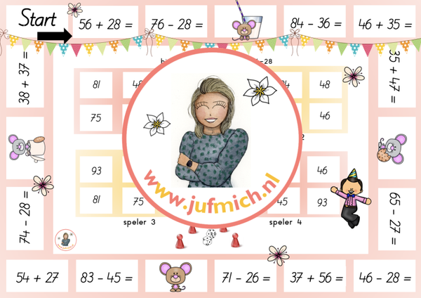 rekenmuur laag 3 - Bingo 4-tallen 56+28 & 76-28