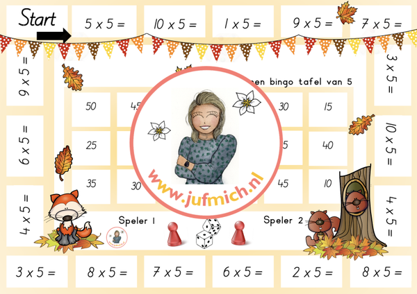 Bingo 2-tallen tafel van 5 herfst