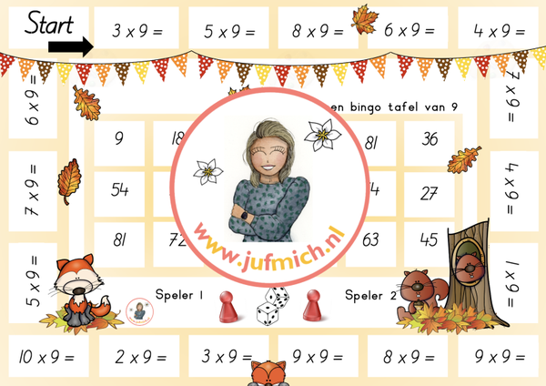 Bingo 2-tallen tafel van 9 herfst
